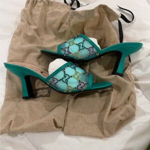 Gucci Teal Embellished Mule Heels
